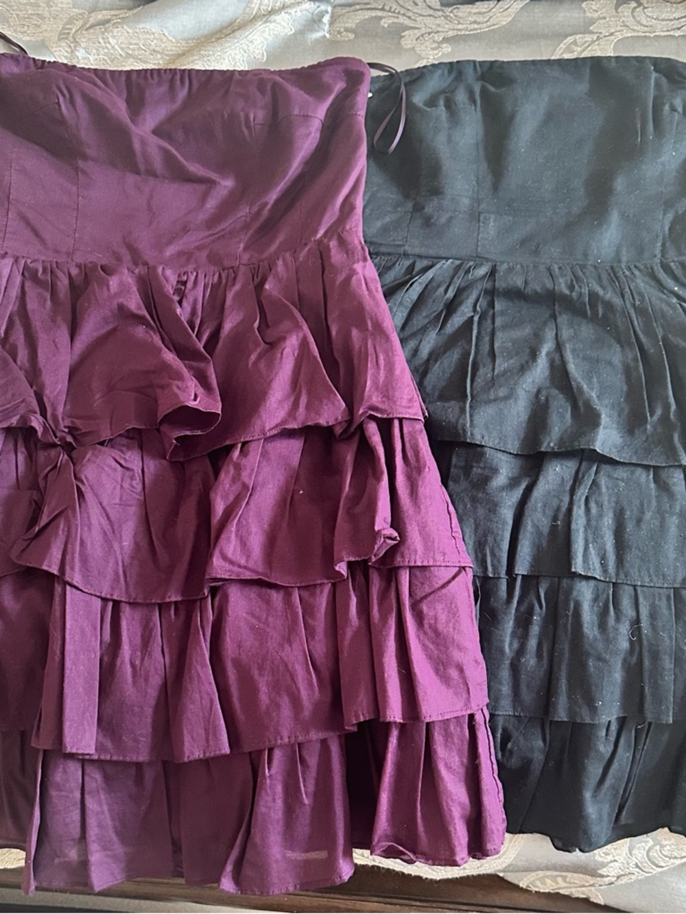 Express Strapless Ruffled Dress in Plum and Black